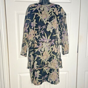 Vintage 90s Constance Saunders Dress‎ Women 12 Black Floral Silk Layered Fairy